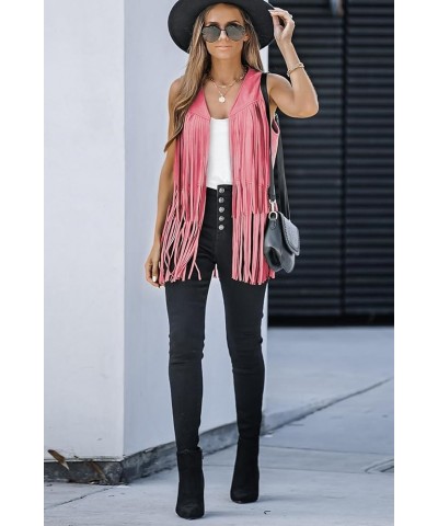 Womens Fringe Vest 70s Hippie Costume Sleeveless Cowgirl Western Faux Suede Tassel Leather Outerwear Pink $23.99 Others