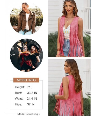 Womens Fringe Vest 70s Hippie Costume Sleeveless Cowgirl Western Faux Suede Tassel Leather Outerwear Pink $23.99 Others