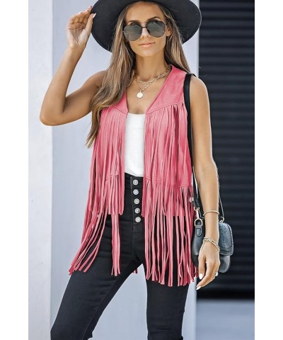 Womens Fringe Vest 70s Hippie Costume Sleeveless Cowgirl Western Faux Suede Tassel Leather Outerwear Pink $23.99 Others