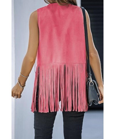 Womens Fringe Vest 70s Hippie Costume Sleeveless Cowgirl Western Faux Suede Tassel Leather Outerwear Pink $23.99 Others