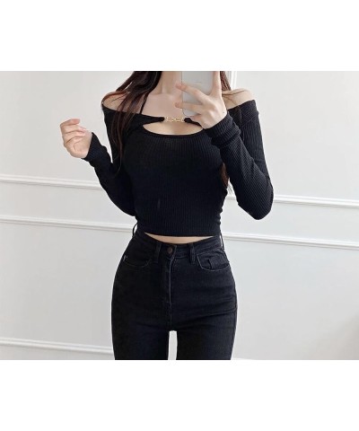 2 pieces of elastic fitting long and sexy slim fitting women's neck strap+short cardigan set Black $7.14 Suits