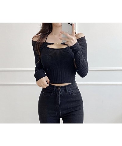 2 pieces of elastic fitting long and sexy slim fitting women's neck strap+short cardigan set Black $7.14 Suits