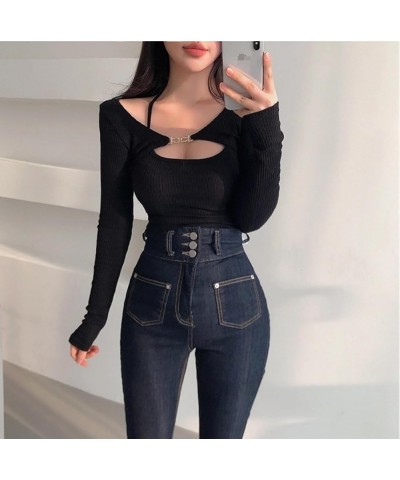 2 pieces of elastic fitting long and sexy slim fitting women's neck strap+short cardigan set Black $7.14 Suits