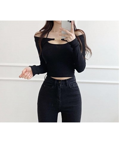 2 pieces of elastic fitting long and sexy slim fitting women's neck strap+short cardigan set Black $7.14 Suits