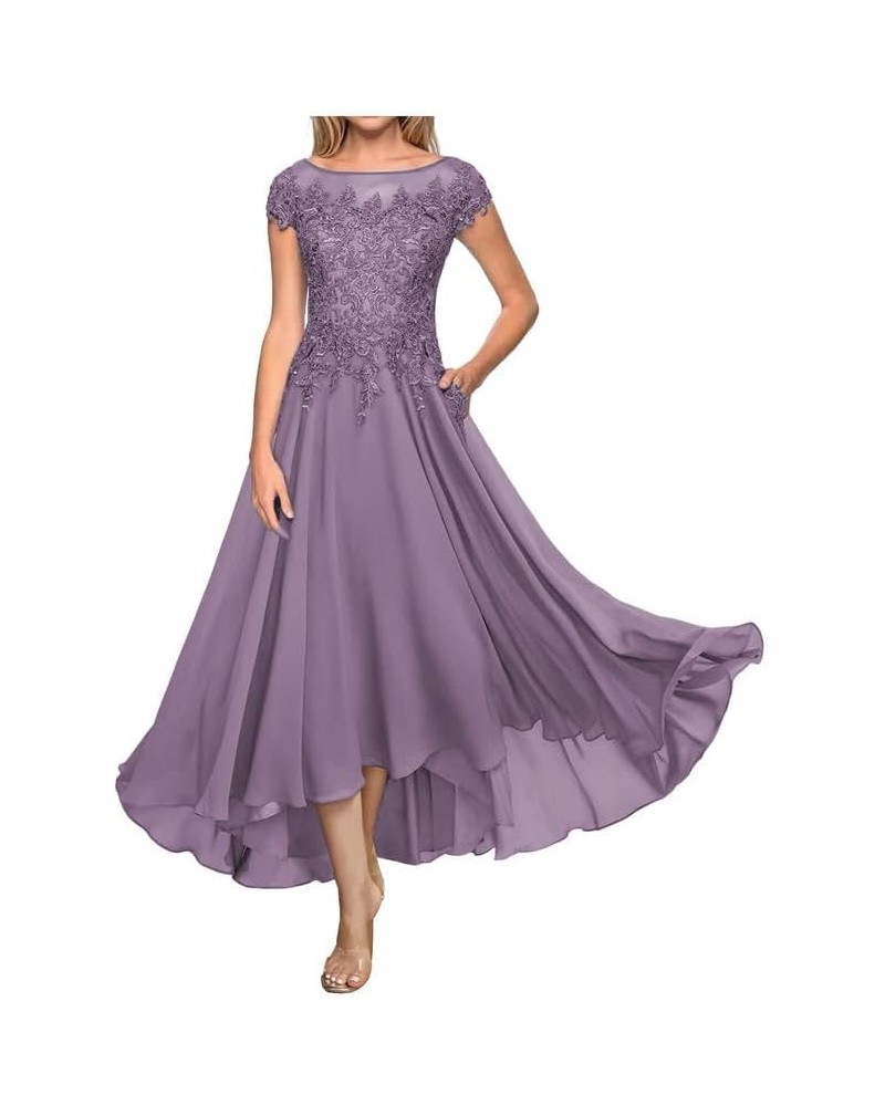 Mother of The Bride Dresses Lace Tea Length Wedding Guest Dress Long Chiffon Mother of The Groom Dresses with Pockets Wisteri...