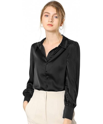 Women's Satin Blouse Puff Sleeve Point Collar Spring Vintage Button Down Shirt Tops Black $19.43 Blouses