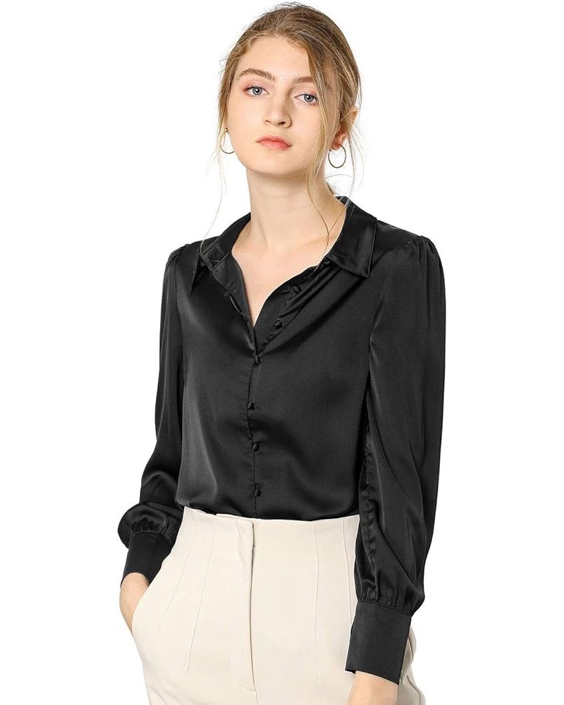 Women's Satin Blouse Puff Sleeve Point Collar Spring Vintage Button Down Shirt Tops Black $19.43 Blouses