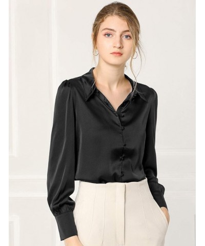 Women's Satin Blouse Puff Sleeve Point Collar Spring Vintage Button Down Shirt Tops Black $19.43 Blouses