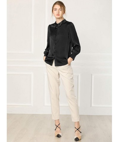 Women's Satin Blouse Puff Sleeve Point Collar Spring Vintage Button Down Shirt Tops Black $19.43 Blouses