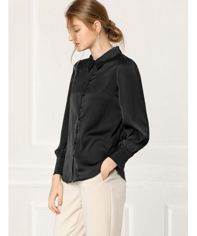 Women's Satin Blouse Puff Sleeve Point Collar Spring Vintage Button Down Shirt Tops Black $19.43 Blouses