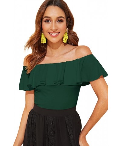 Women's Stretchy Off Shoulder Flounce Sleeve Sexy Slim Blouse Tops Shirt Dark Green $13.20 Blouses