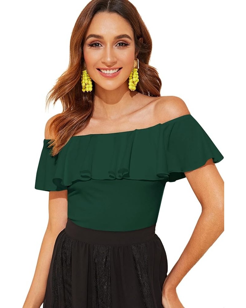 Women's Stretchy Off Shoulder Flounce Sleeve Sexy Slim Blouse Tops Shirt Dark Green $13.20 Blouses