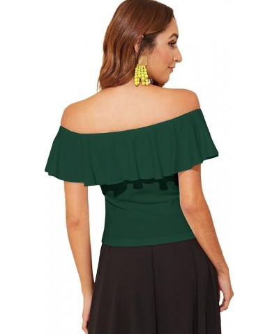 Women's Stretchy Off Shoulder Flounce Sleeve Sexy Slim Blouse Tops Shirt Dark Green $13.20 Blouses