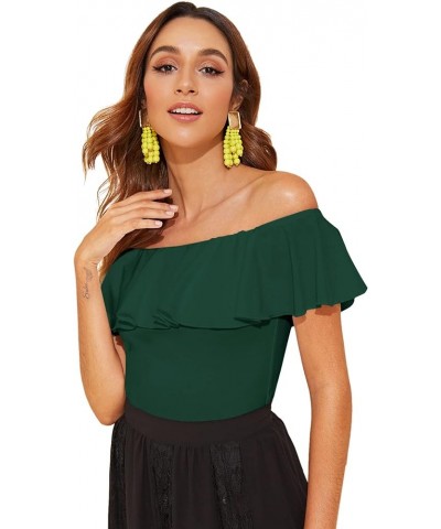 Women's Stretchy Off Shoulder Flounce Sleeve Sexy Slim Blouse Tops Shirt Dark Green $13.20 Blouses