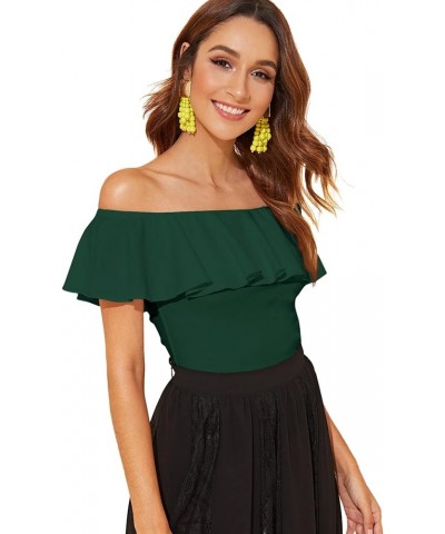 Women's Stretchy Off Shoulder Flounce Sleeve Sexy Slim Blouse Tops Shirt Dark Green $13.20 Blouses