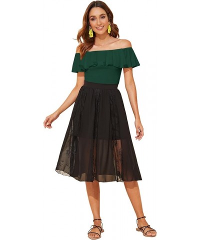 Women's Stretchy Off Shoulder Flounce Sleeve Sexy Slim Blouse Tops Shirt Dark Green $13.20 Blouses