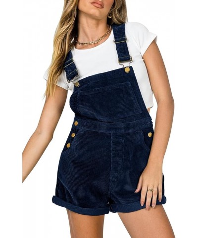 Women Corduroy Short Overalls Romper Jumpsuit Casual Adjustable Straps Cute Plain Overall With Pockets Navy Blue $23.93 Overalls