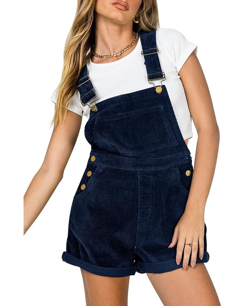 Women Corduroy Short Overalls Romper Jumpsuit Casual Adjustable Straps Cute Plain Overall With Pockets Navy Blue $23.93 Overalls