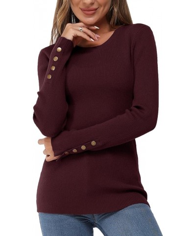 Women's Solid Long Sleeve Knit Crew Neck Button Stretch Casual Pullover Sweater long sleeve Dark Purplish Red $15.99 Sweaters