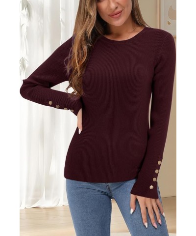 Women's Solid Long Sleeve Knit Crew Neck Button Stretch Casual Pullover Sweater long sleeve Dark Purplish Red $15.99 Sweaters