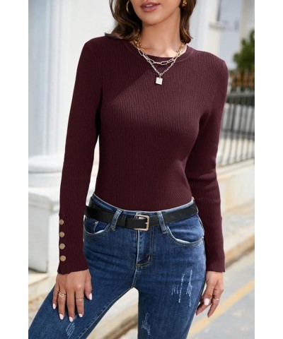 Women's Solid Long Sleeve Knit Crew Neck Button Stretch Casual Pullover Sweater long sleeve Dark Purplish Red $15.99 Sweaters