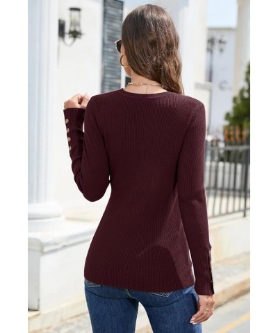 Women's Solid Long Sleeve Knit Crew Neck Button Stretch Casual Pullover Sweater long sleeve Dark Purplish Red $15.99 Sweaters