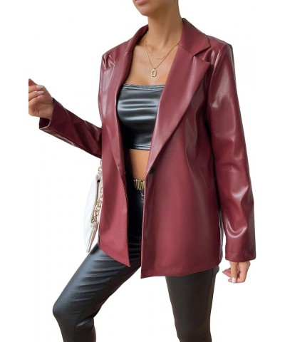 Women's Faux Leather Blazer Jacket Lapel Collar Pleather Coat Outerwear Burgundy $22.56 Coats