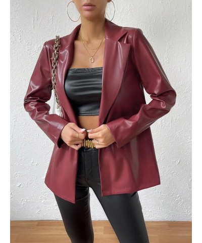 Women's Faux Leather Blazer Jacket Lapel Collar Pleather Coat Outerwear Burgundy $22.56 Coats