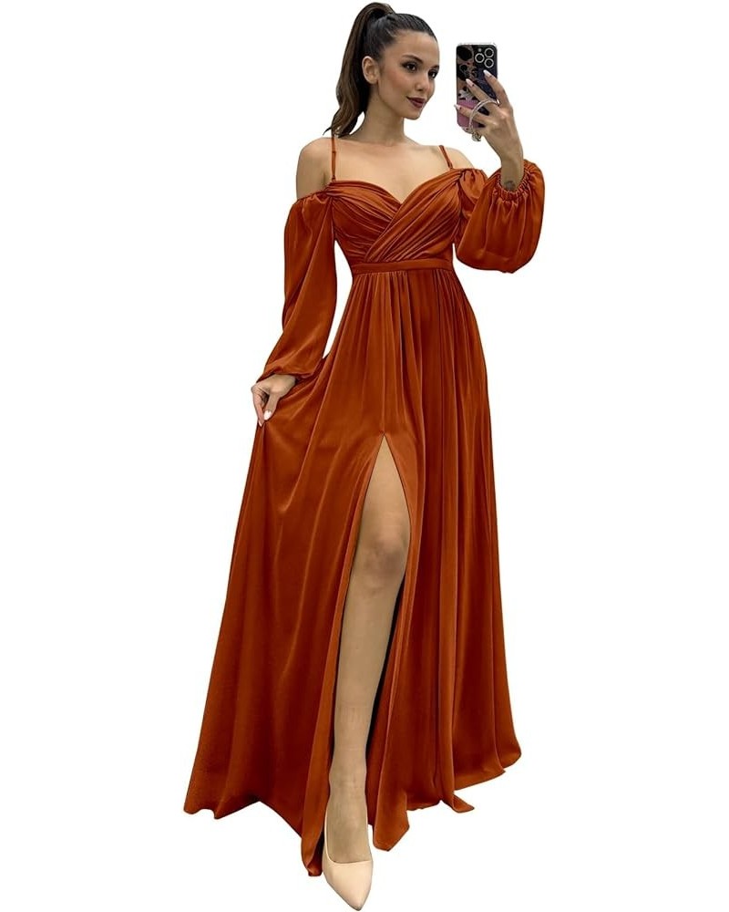 Women's Chiffon A-line Off Shoulder Bridesmaid Dresses with High Split Sweetheart Spaghetti Straps Evening Dress Burnt Orange...