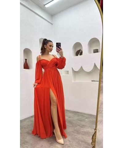 Women's Chiffon A-line Off Shoulder Bridesmaid Dresses with High Split Sweetheart Spaghetti Straps Evening Dress Burnt Orange...