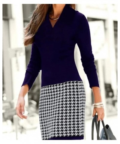 Womens Dresses Houndtooth Pencil Business Work Fall 2023 Long Sleeve V Neck Elegant Office Casual Dress Blue $10.59 Suits