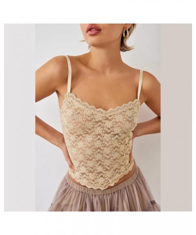 Women Floral Lace Trim Cami Tank Top Spaghetti Strap Backless Camisole Y2k Sleeveless Slim Fit Going Out Top Shirt Y-khaki $9...