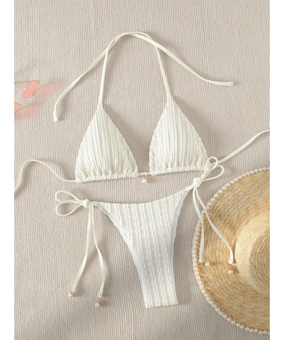 Women's Two Piece Swimsuits Swimwear Halter String Triangle Bikini Sets Beige $13.20 Swimsuits