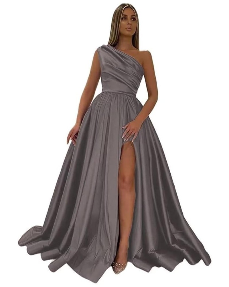 One Shoulder Satin Prom Dresses with Slit Long Formal Evening Gowns with Pockets for Women Party Gray $44.19 Dresses