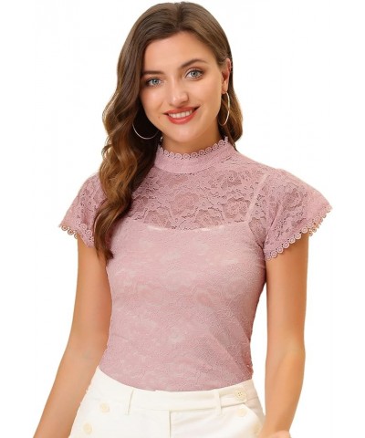 Women's Elegant Floral Lace Blouse Short Sleeve Keyhole Back Fitted Semi Sheer Top Pink $11.25 Blouses