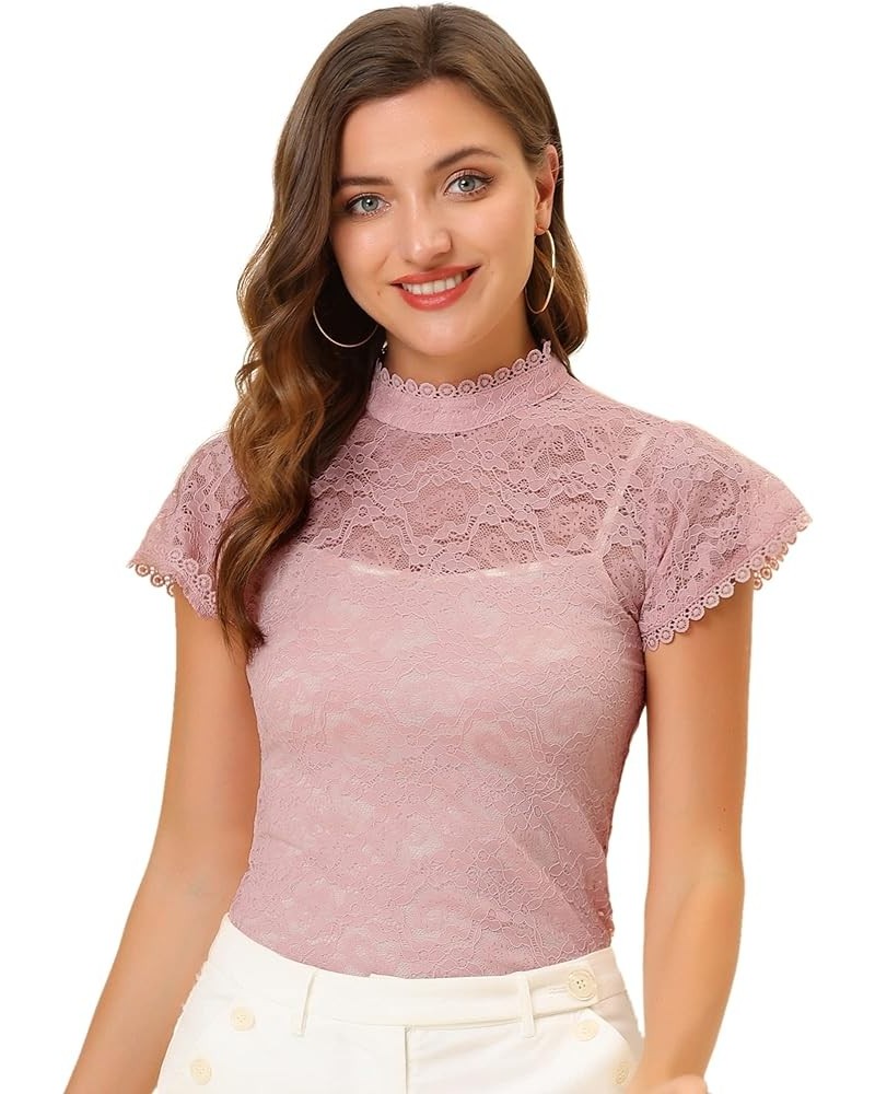 Women's Elegant Floral Lace Blouse Short Sleeve Keyhole Back Fitted Semi Sheer Top Pink $11.25 Blouses