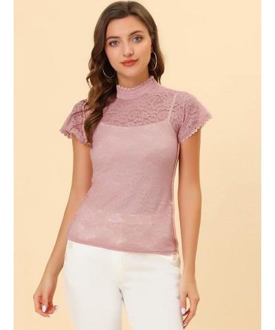 Women's Elegant Floral Lace Blouse Short Sleeve Keyhole Back Fitted Semi Sheer Top Pink $11.25 Blouses