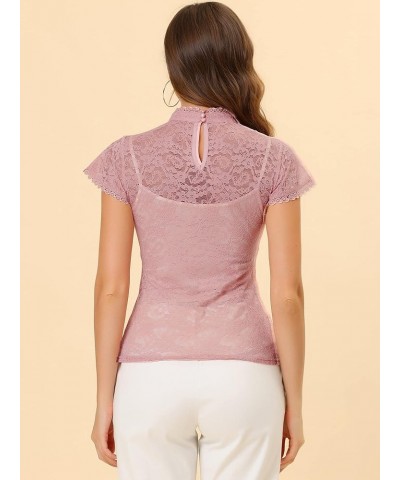 Women's Elegant Floral Lace Blouse Short Sleeve Keyhole Back Fitted Semi Sheer Top Pink $11.25 Blouses