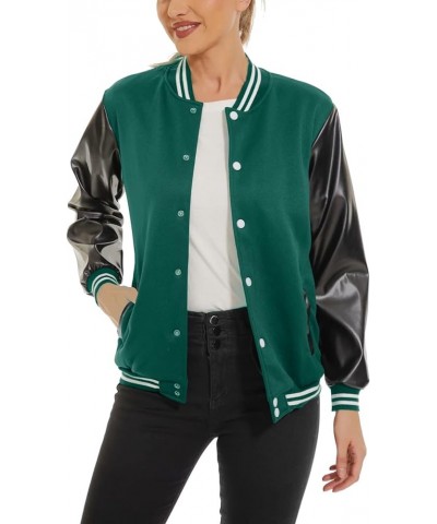 Womens Varsity Bomber Jacket Baseball Faux Leather Jacket Casual Long Sleeve Vintage Coat Outwear Green $11.34 Jackets