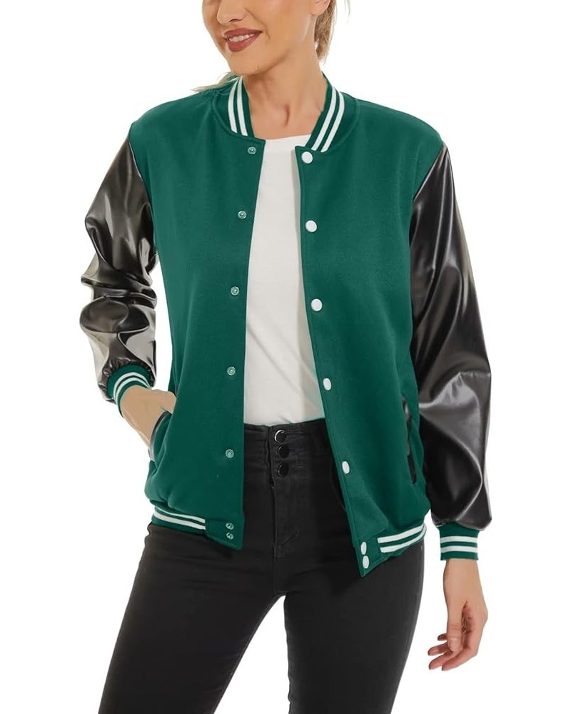 Womens Varsity Bomber Jacket Baseball Faux Leather Jacket Casual Long Sleeve Vintage Coat Outwear Green $11.34 Jackets