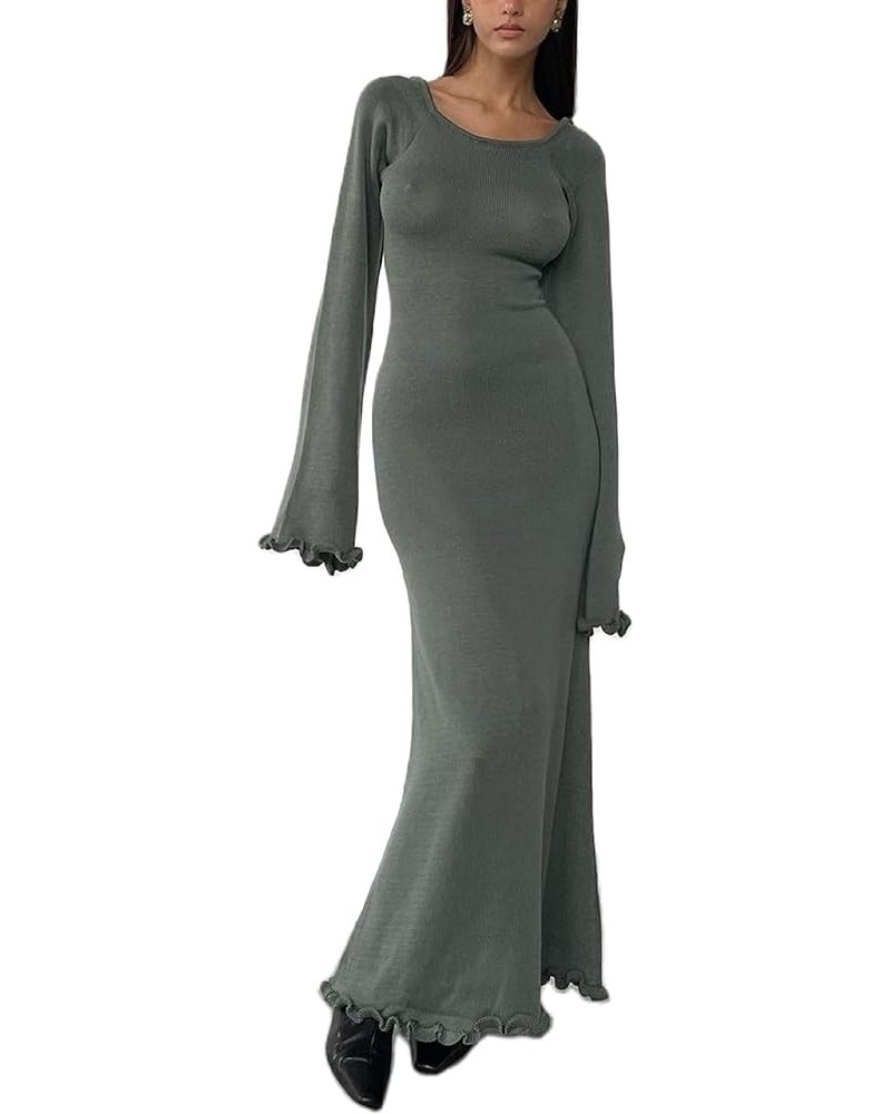 Womens Maxi Cover Up Dress Long Sleeve Knitted Low Cut Backless Long Dresses Sexy See Through Sheer Beach Dress Frill Gray $1...