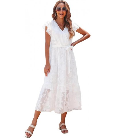 Women's Floral Summer Dress Wrap V Neck Ruffle Midi Dress Jacquard-floral-white $15.38 Dresses