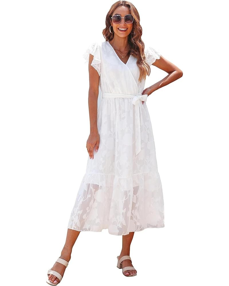 Women's Floral Summer Dress Wrap V Neck Ruffle Midi Dress Jacquard-floral-white $15.38 Dresses