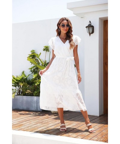 Women's Floral Summer Dress Wrap V Neck Ruffle Midi Dress Jacquard-floral-white $15.38 Dresses