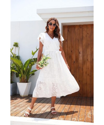 Women's Floral Summer Dress Wrap V Neck Ruffle Midi Dress Jacquard-floral-white $15.38 Dresses