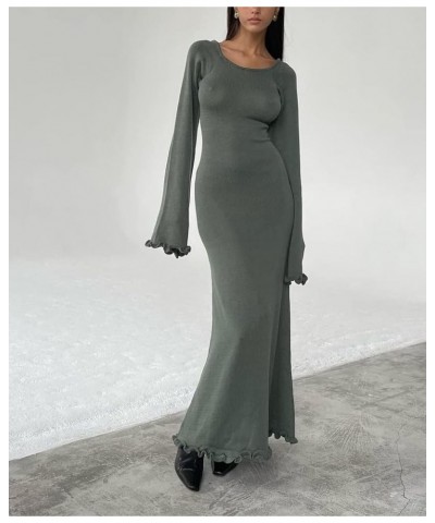 Womens Maxi Cover Up Dress Long Sleeve Knitted Low Cut Backless Long Dresses Sexy See Through Sheer Beach Dress Frill Gray $1...