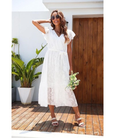 Women's Floral Summer Dress Wrap V Neck Ruffle Midi Dress Jacquard-floral-white $15.38 Dresses