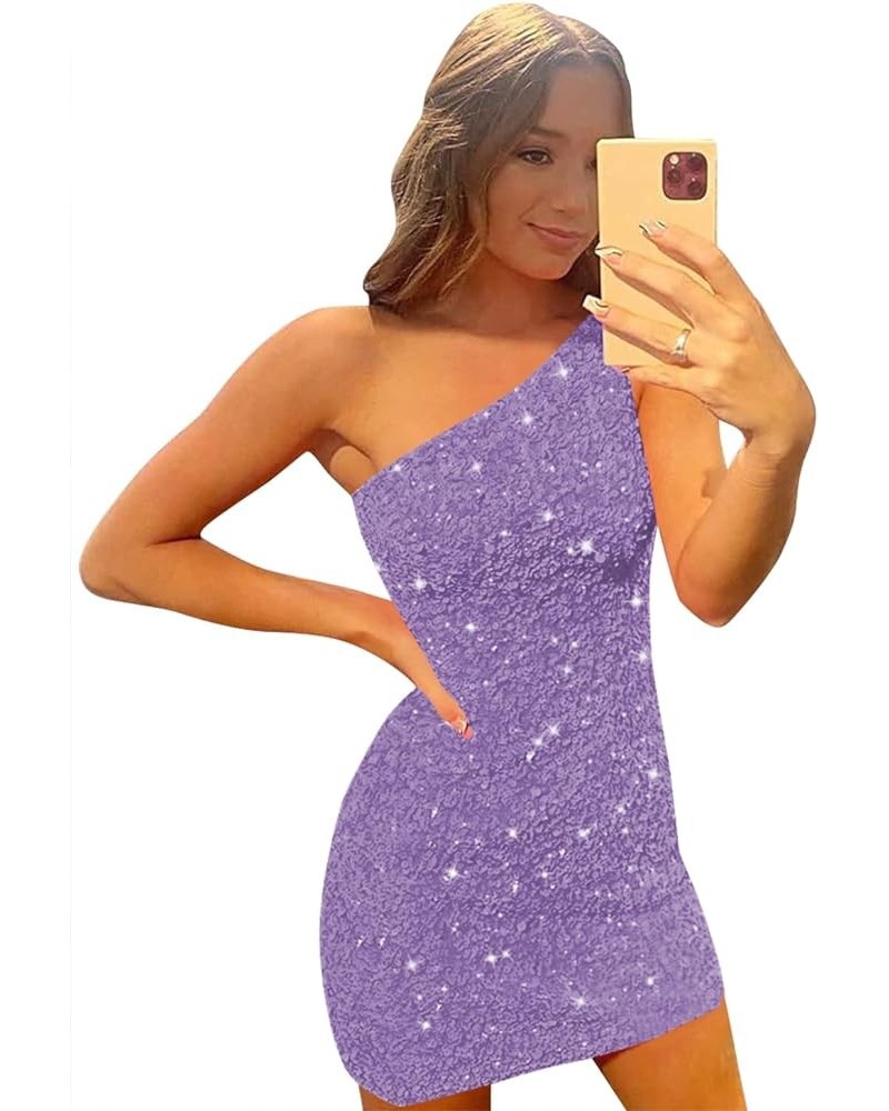 Women's One Shoulder Sequin Homecoming Dresses for Teens Short Tight Sparkly Prom Cocktail Dress Dusty Purple-zipper Back $21...