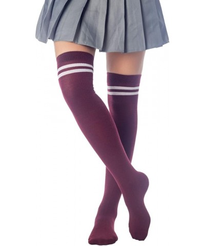 Women's Football Style Stripes Sports Hold-up Thigh High Long Socks Burgundy $10.27 Activewear