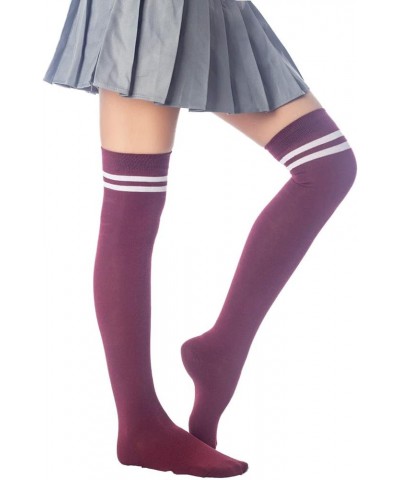 Women's Football Style Stripes Sports Hold-up Thigh High Long Socks Burgundy $10.27 Activewear